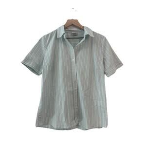 Jaclyn Smith Women’s Large Cotton Button Up Blouse Blue Stripes Shimmer Accents
